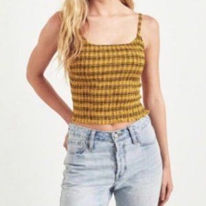 Hollister Smocked Crop Cami Top Yellow-Plaid Sz L